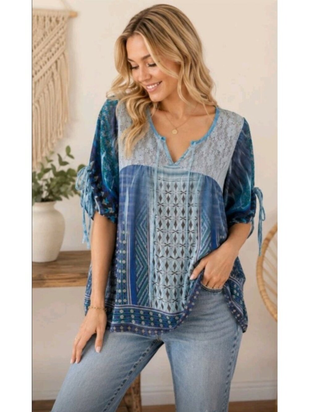 One World Tunic Top Blouse Boho Patchwork Print Lace Peasant Fairy Blue Sheer XL